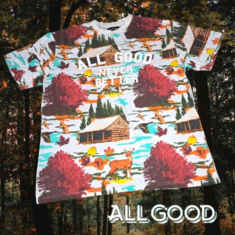 All Good Graphic T-Shirt Mens XL Nature Cabin Deer Duck All Over Print White‎ XL